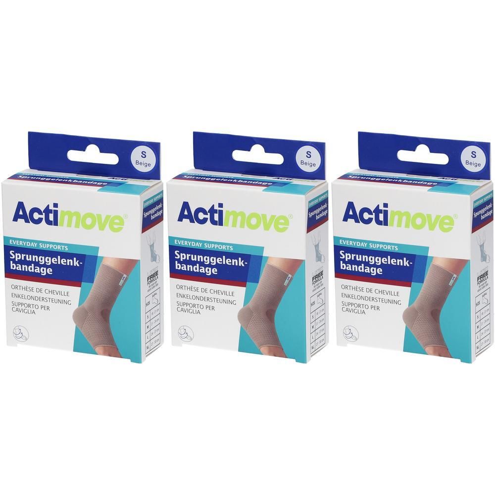 Trois bandages de cheville Actimove beige, taille S, en emballages individuels.