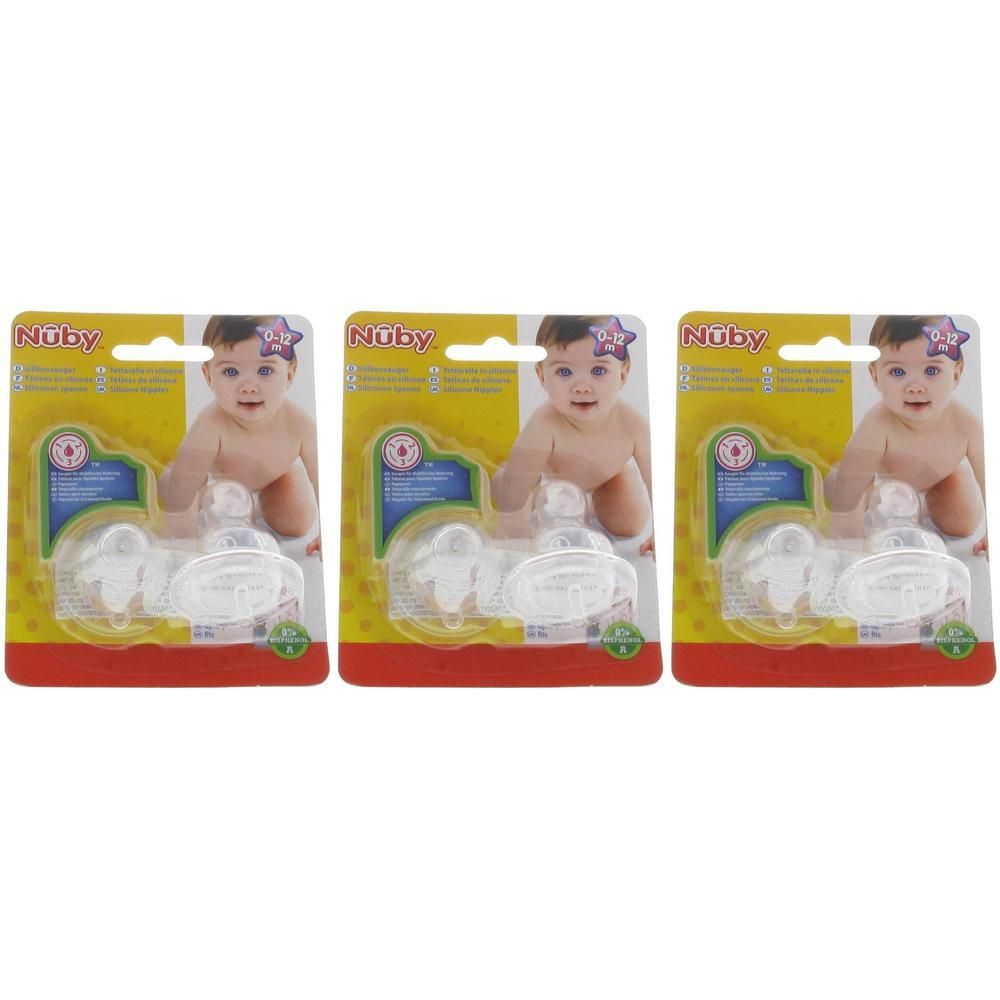 Lot de 2 tétines Nuby 3 positions, transparentes.