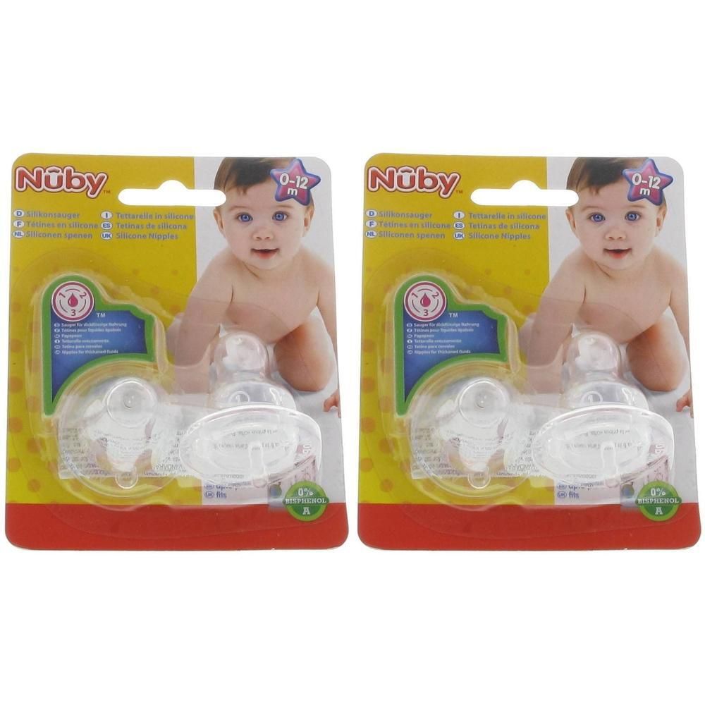 Twee Nuby 3-standen spenen (0-12 maanden) in blisterverpakking met babyfoto.