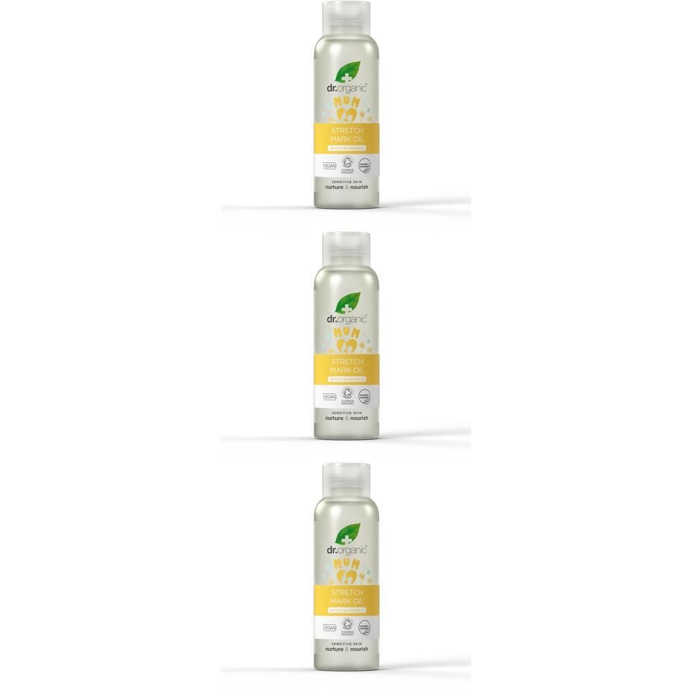 Trois flacons DR.ORGANIC® Huile anti-vergetures avec étiquette jaune et feuilles vertes.