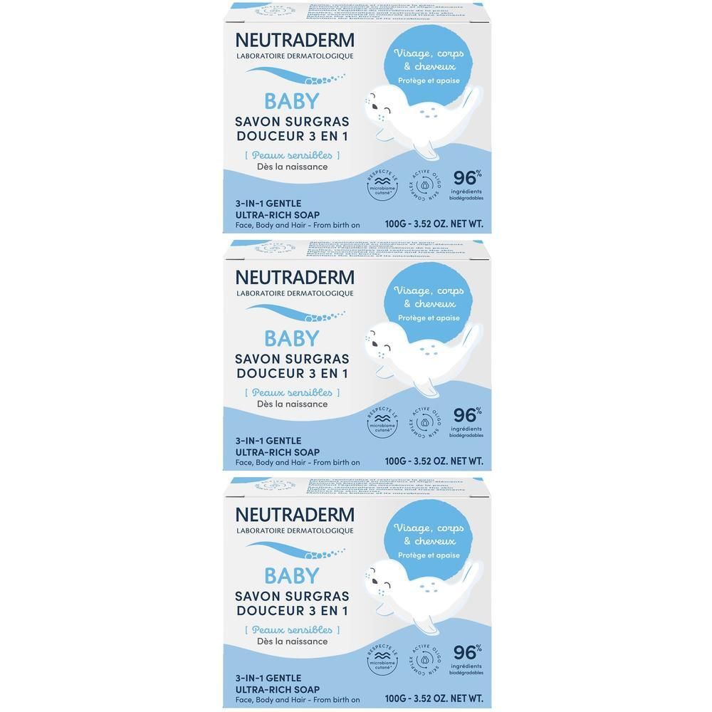 Drie pakken Neutroderm Baby Savon Surgras Douceur 3-in-1 zeep.