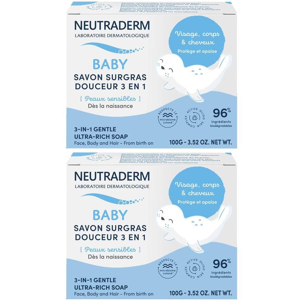 Deux boîtes de savon Neutroderm Baby Savon Surgras Douceur 3-en-1, 100g.