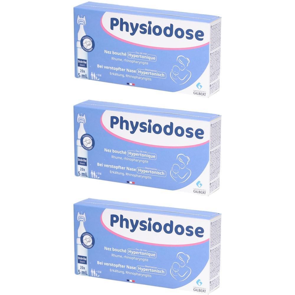 Drie dozen van 20 x 5 ml Physiodose zoutoplossing.