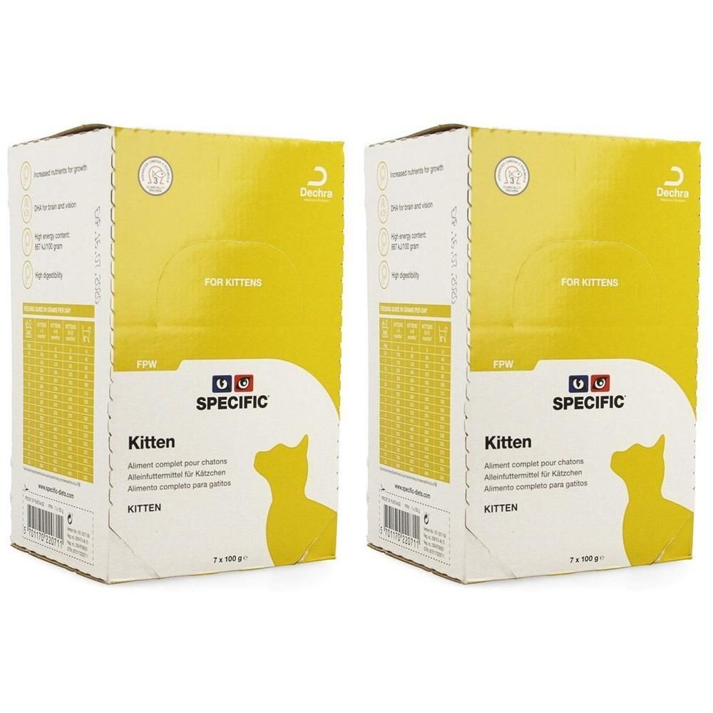 Twee dozen SPECIFIC FDW kittenvoer voor jonge katten.