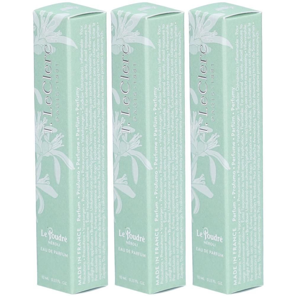 Drie T. LeClerc Parfum Le Poudré Néroli Eau de Parfum doosjes, mintgroen met witte bloem.