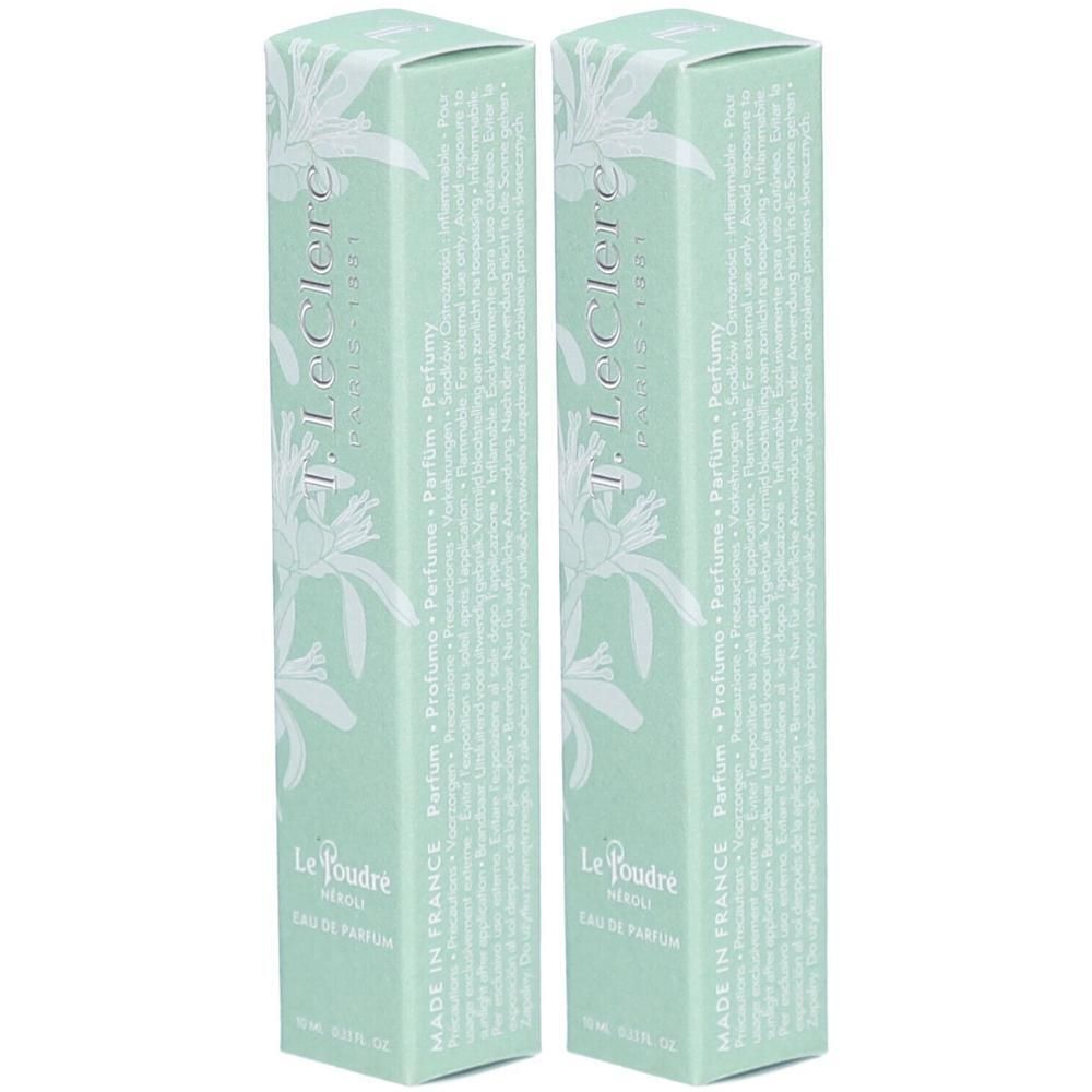 Twee doosjes T. LeClerc Eau de Parfum Le Poudré Néroli, mintgroen met bloemenpatroon.