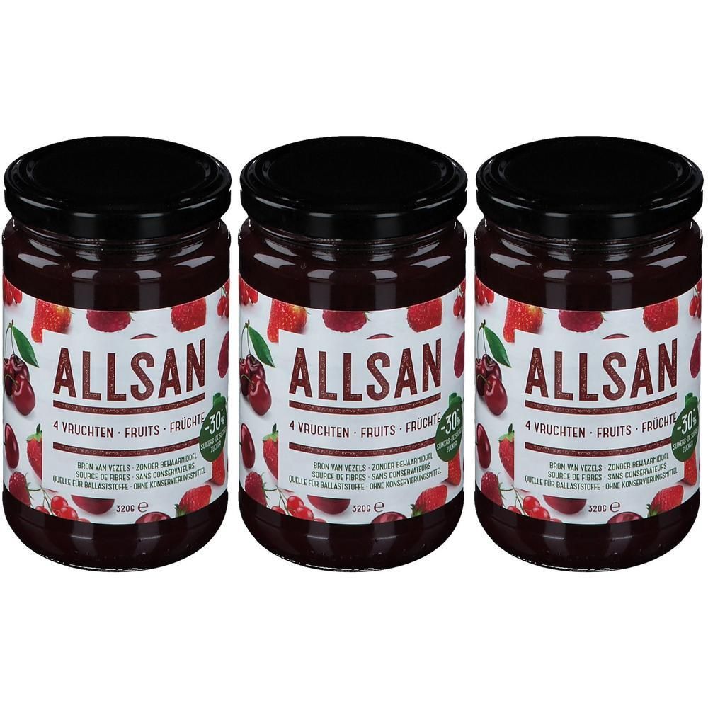 Trois pots de pâte à tartiner ALLSAN 4 Fruits avec cerises et fraises.