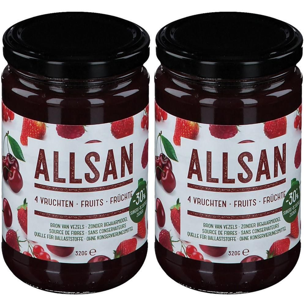 Twee potten Allsan 4 Vruchten spread met kersen en aardbeien op het etiket.