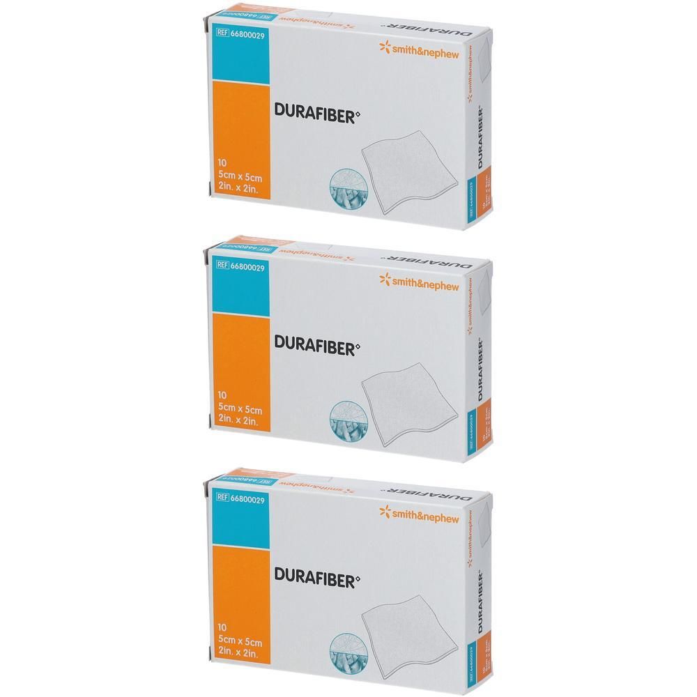 Drie dozen Durafiber verband, 5x5cm, 10 verbanden per doos.
