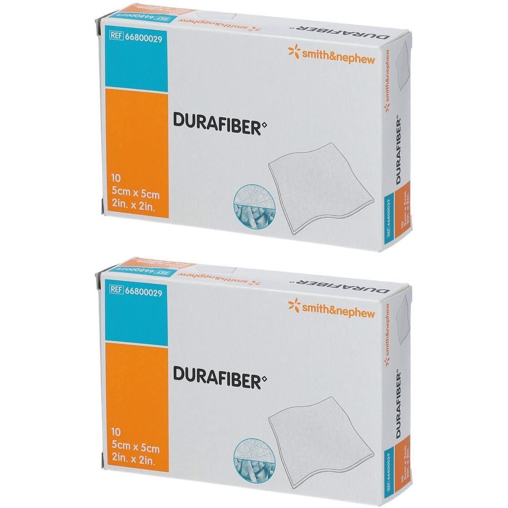 Twee dozen Durafiber verband, 5x5cm, 10 verbanden per doos.