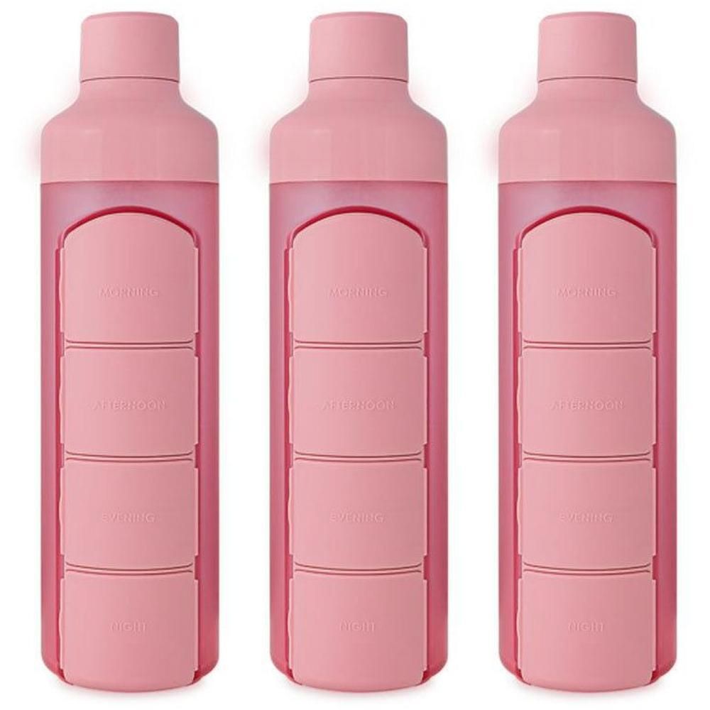 Drie roze waterflessen met ingebouwde dagelijkse pillendoosjes.