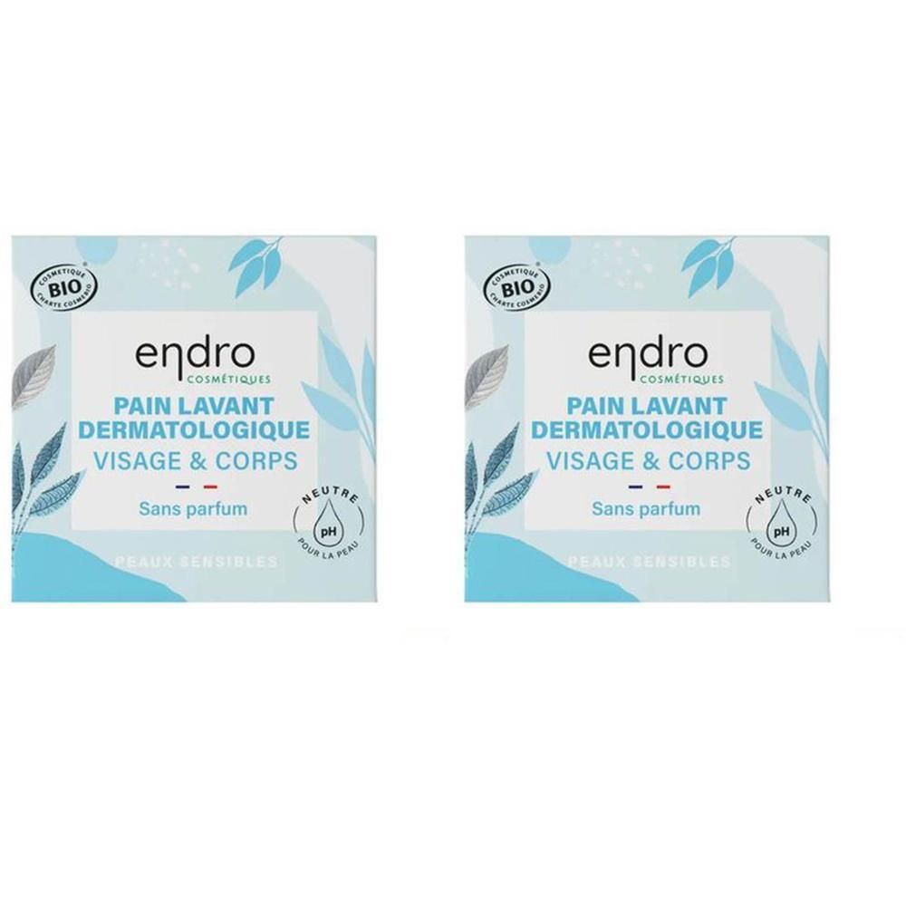 Deux paquets de Pain Lavant Dermatologique Endro pour Visage & Corps, sans parfum, certifié BIO.