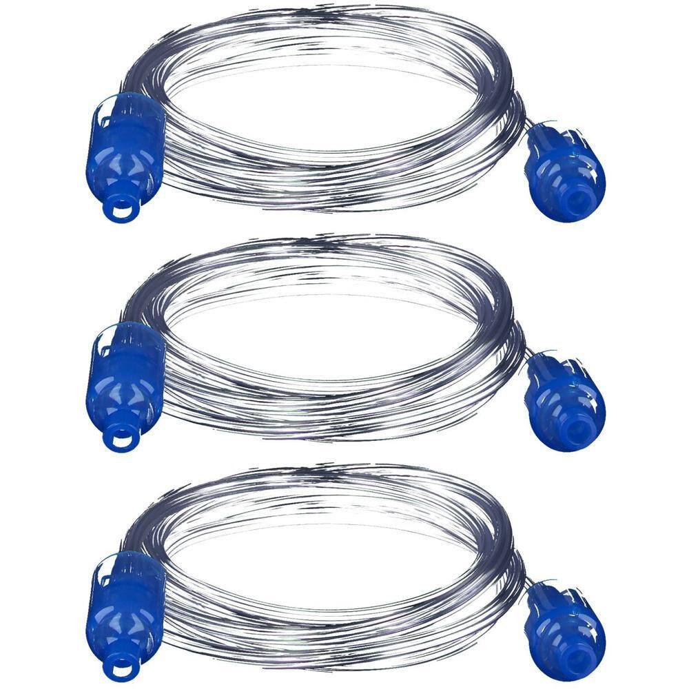 Drie transparante siliconenslangen met blauwe connectoren, opgerold.
