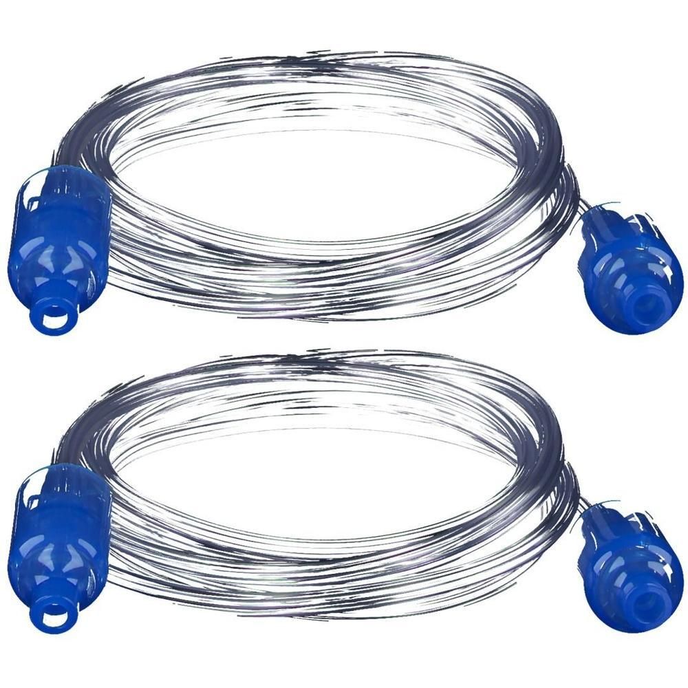Deux tuyaux enroulés avec connecteurs bleus.