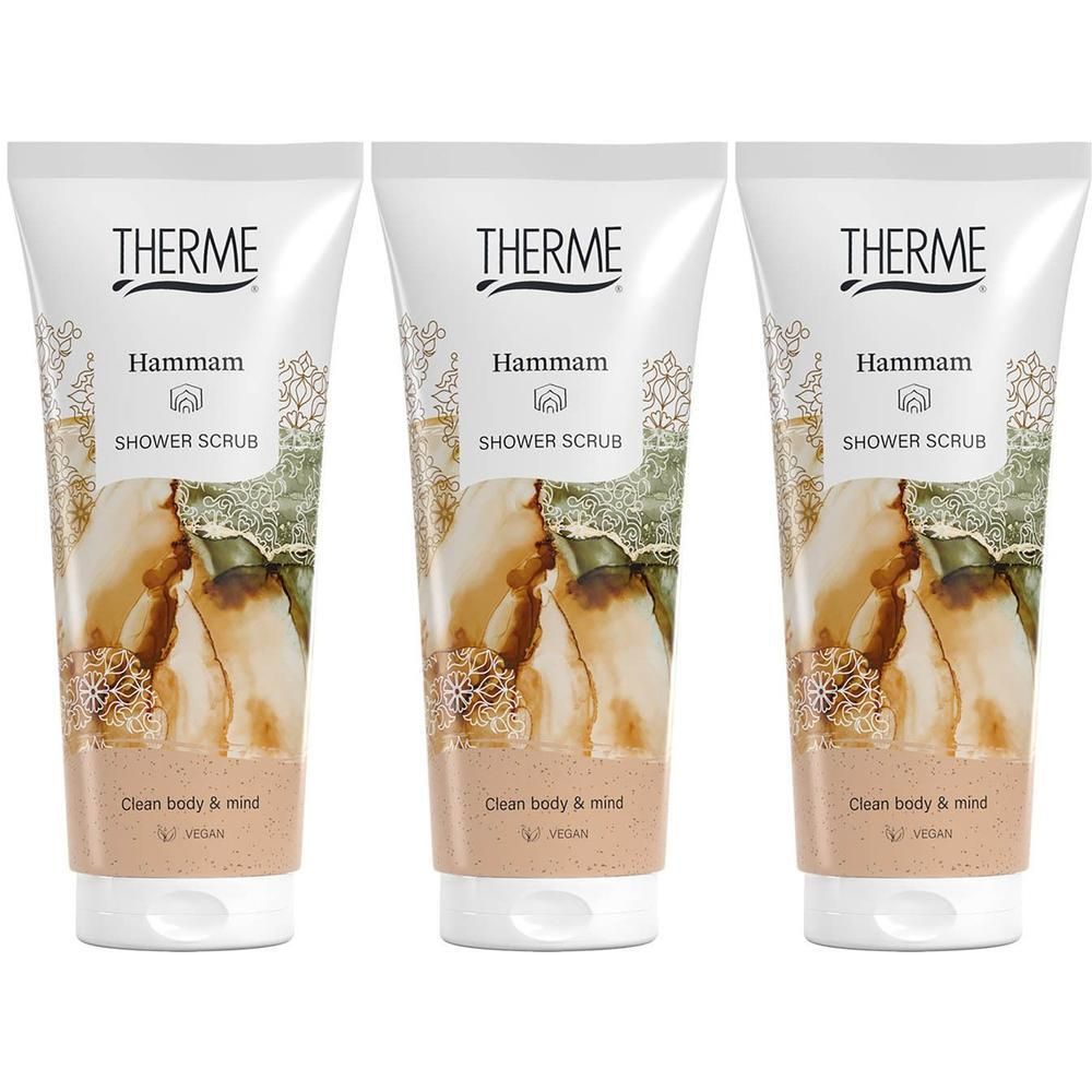 Trois tubes de Gommage Douche Hammam Therme à l'argile. Tubes blancs avec graphismes dorés et verts.