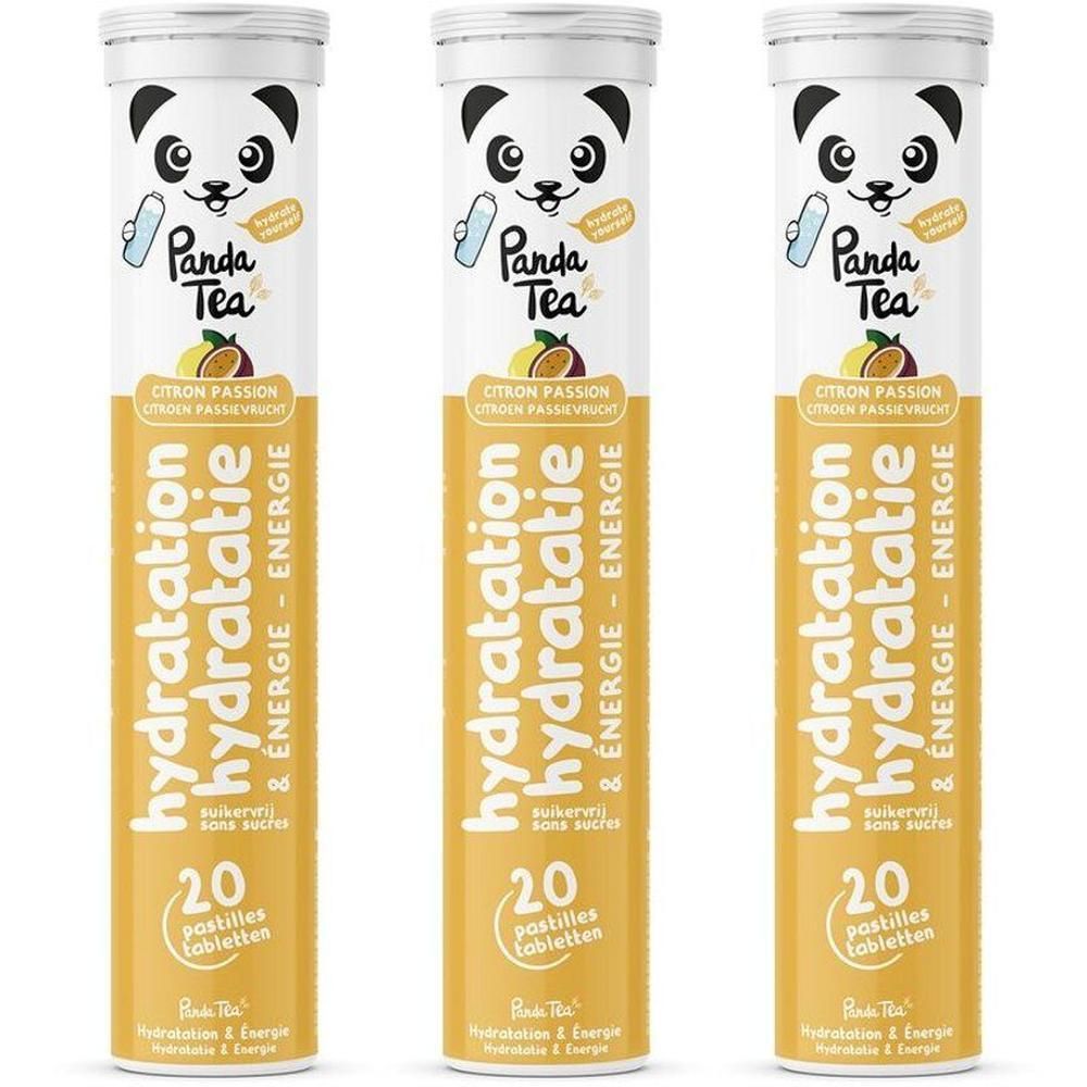 Trois tubes Panda Tea Hydratation Citron/Fruit de la passion, 20 pastilles.