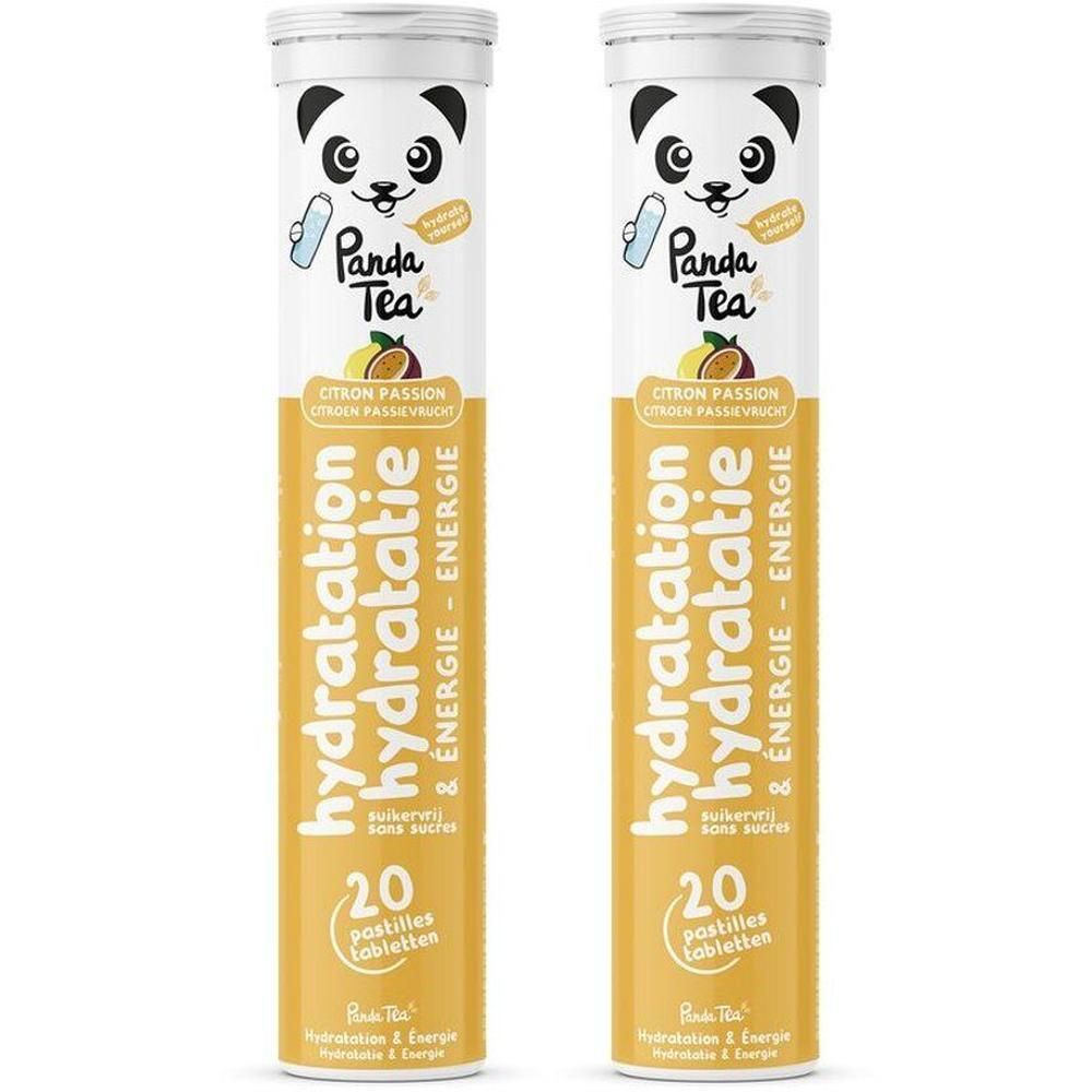 Deux tubes Panda Tea Hydratation Citron/Fruit de la passion, 20 comprimés effervescents chacun.