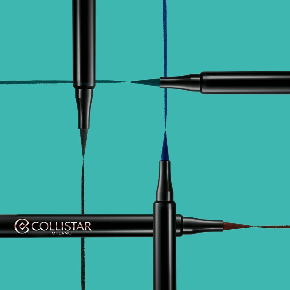 Quatre eye-liners noirs avec des lignes vertes, bleues et marron.