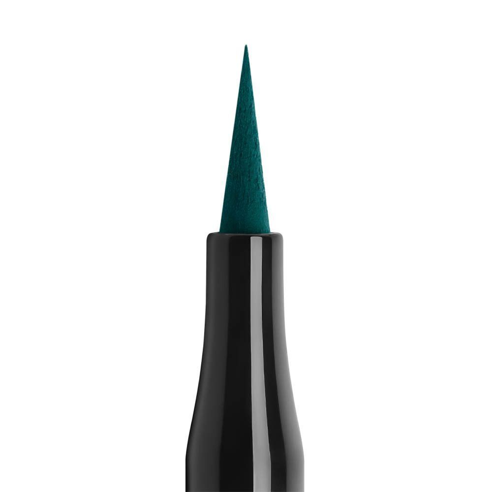 Gros plan sur la pointe verte d'un eye-liner noir.