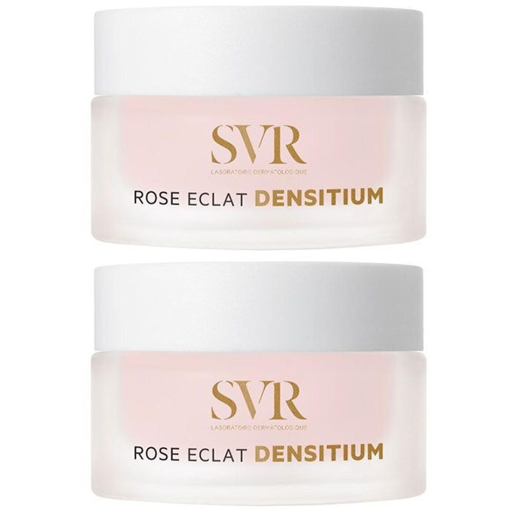 Twee potjes SVR Densitium Rose Éclat crème met witte deksel en roze inhoud.