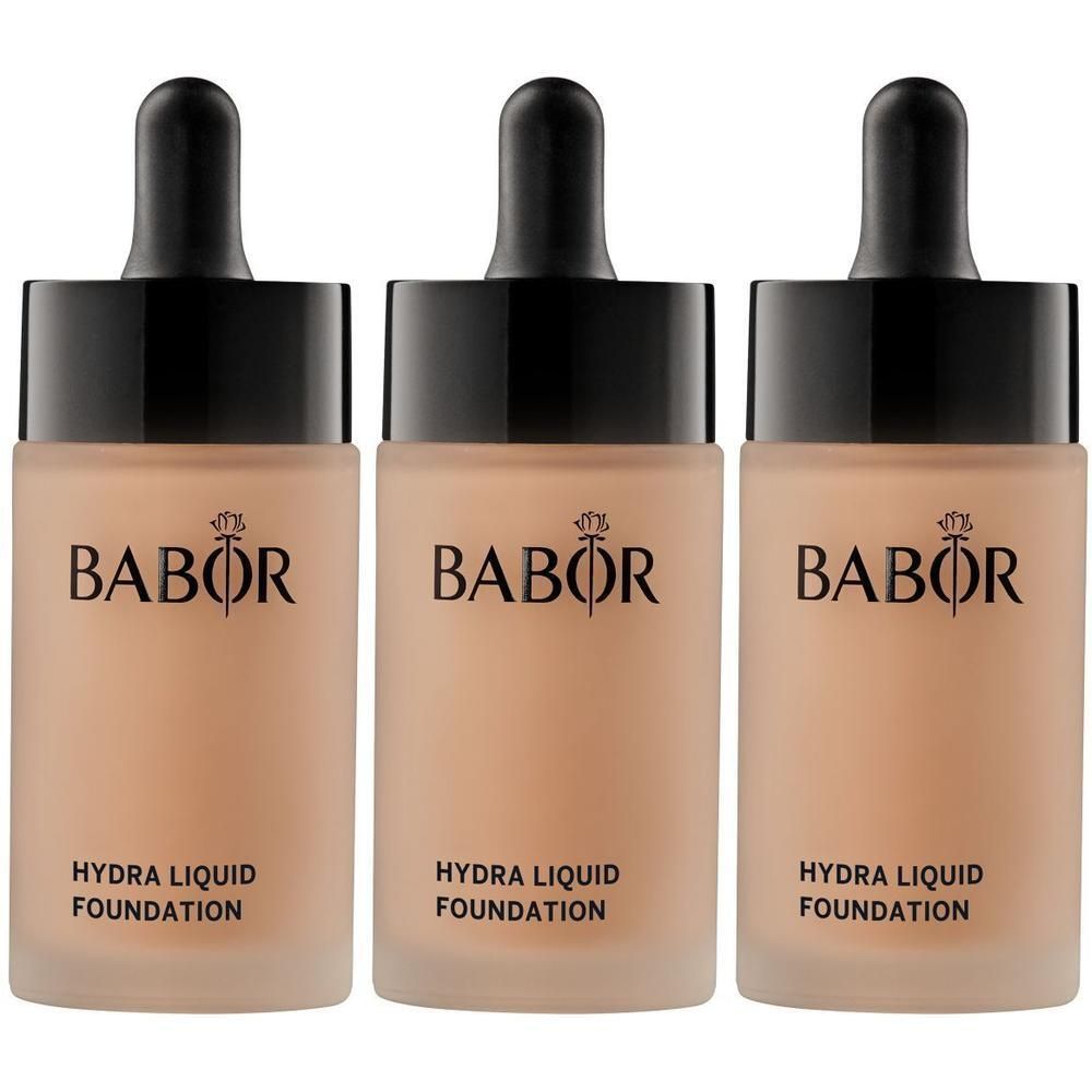 Trois flacons de fond de teint liquide Babor Hydra avec compte-gouttes.