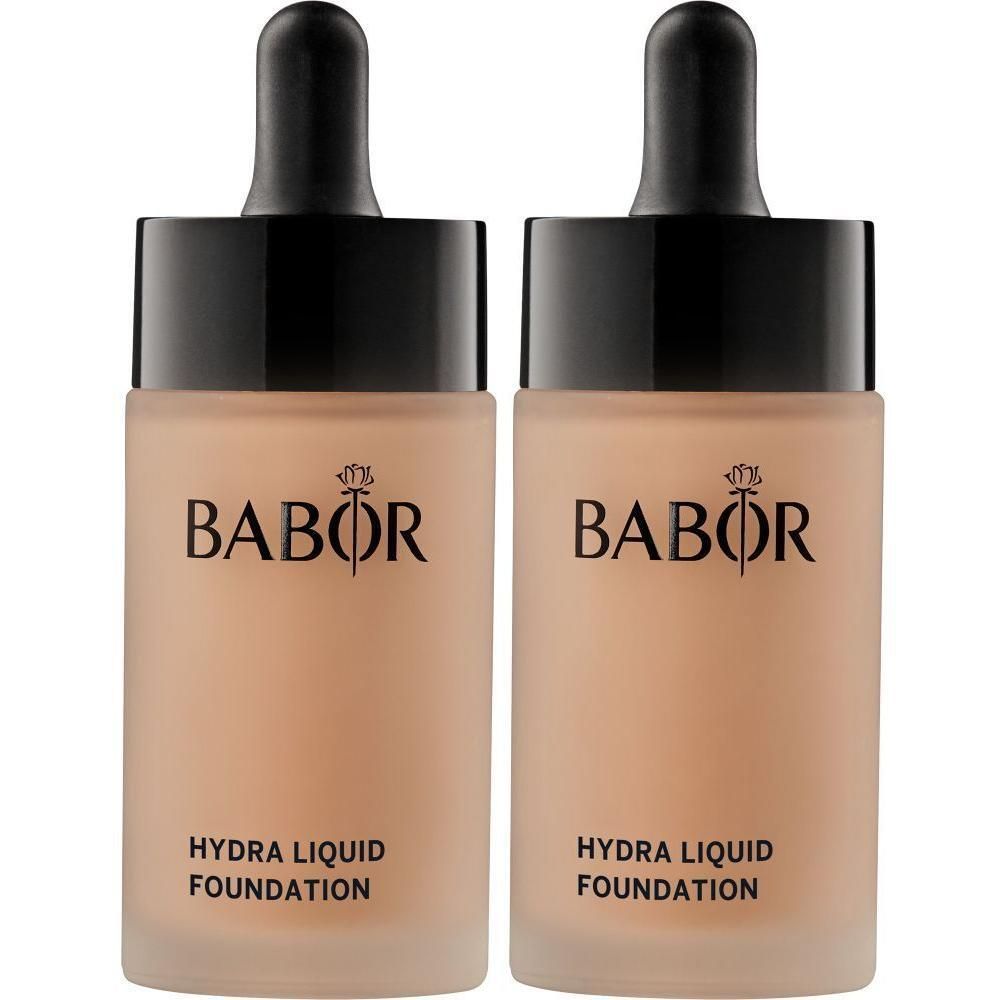 Deux flacons Babor Hydra Liquid Foundation avec bouchon compte-gouttes.