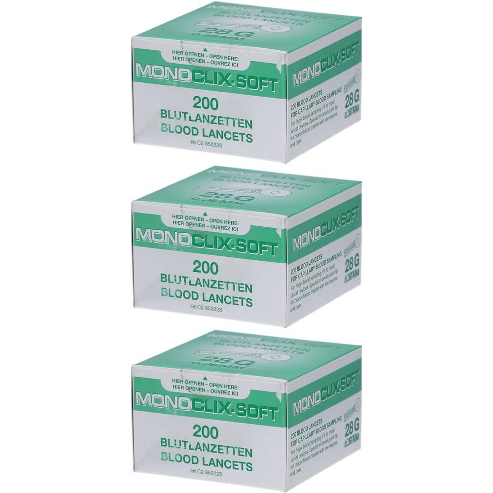 Trois boîtes de lancettes sanguines Moniclix Soft, 200 par boîte, 28 G.