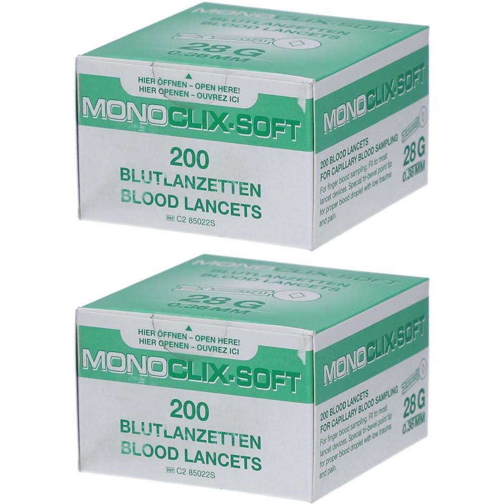 Deux boîtes de lancettes sanguines MoniClix Soft, 200 pièces par boîte, 28G, 0.36mm.