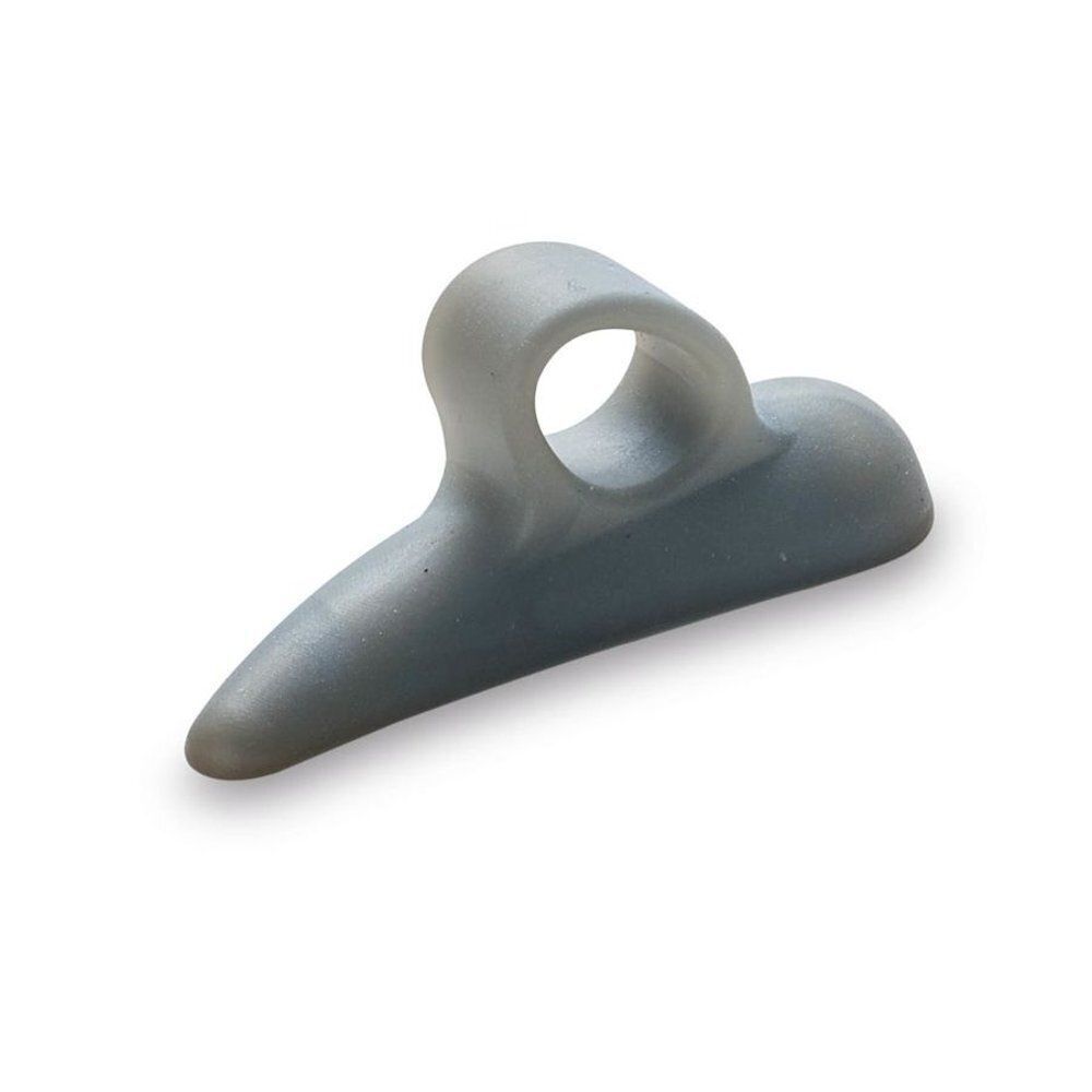 Een grijze siliconen teenverdeler met een lus voor de teen.
