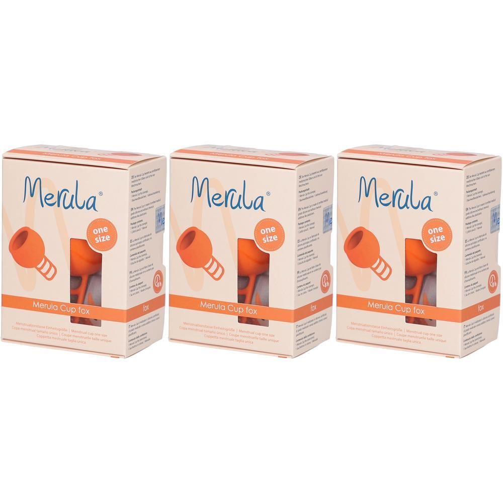 Drie verpakkingen van de Merula Cup Fox menstruatiecup in oranje, one size.