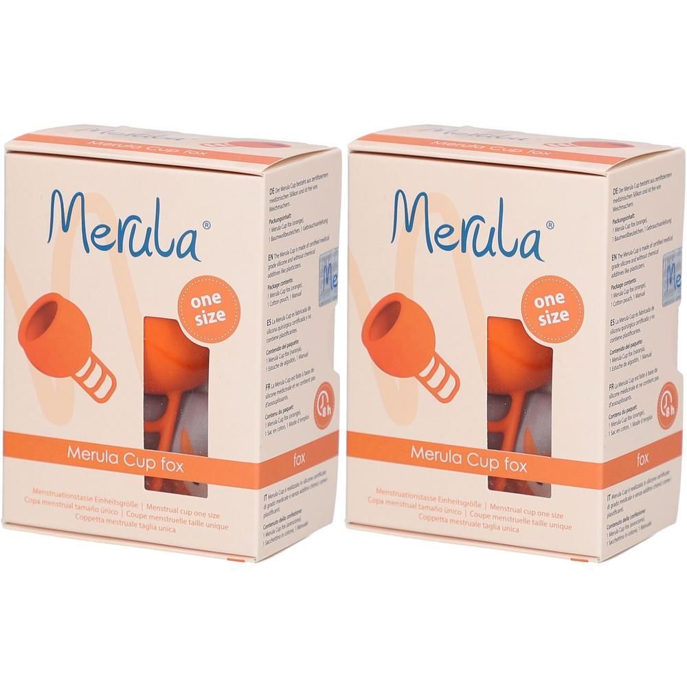 Deux coupes menstruelles Merula orange, taille unique, dans leur emballage.