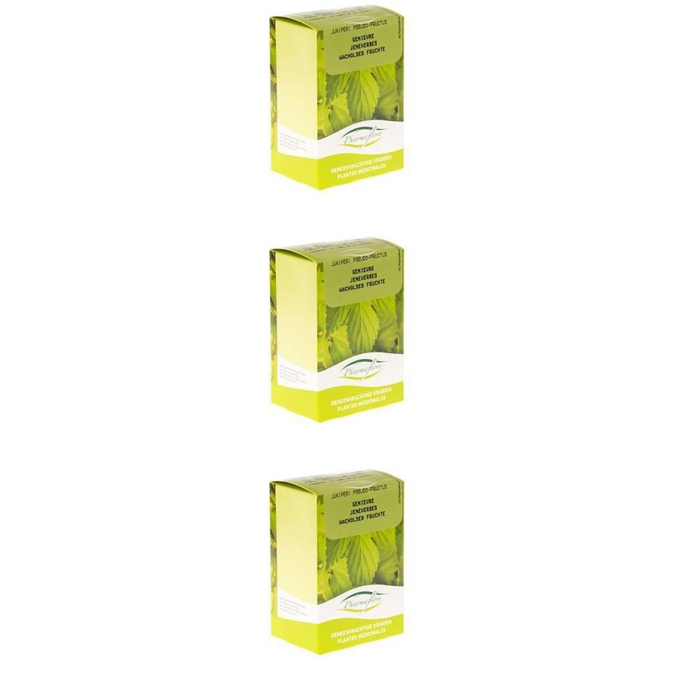 Drie pakken Pharmaflore jeneverbes thee. Groene bladeren op de verpakking.