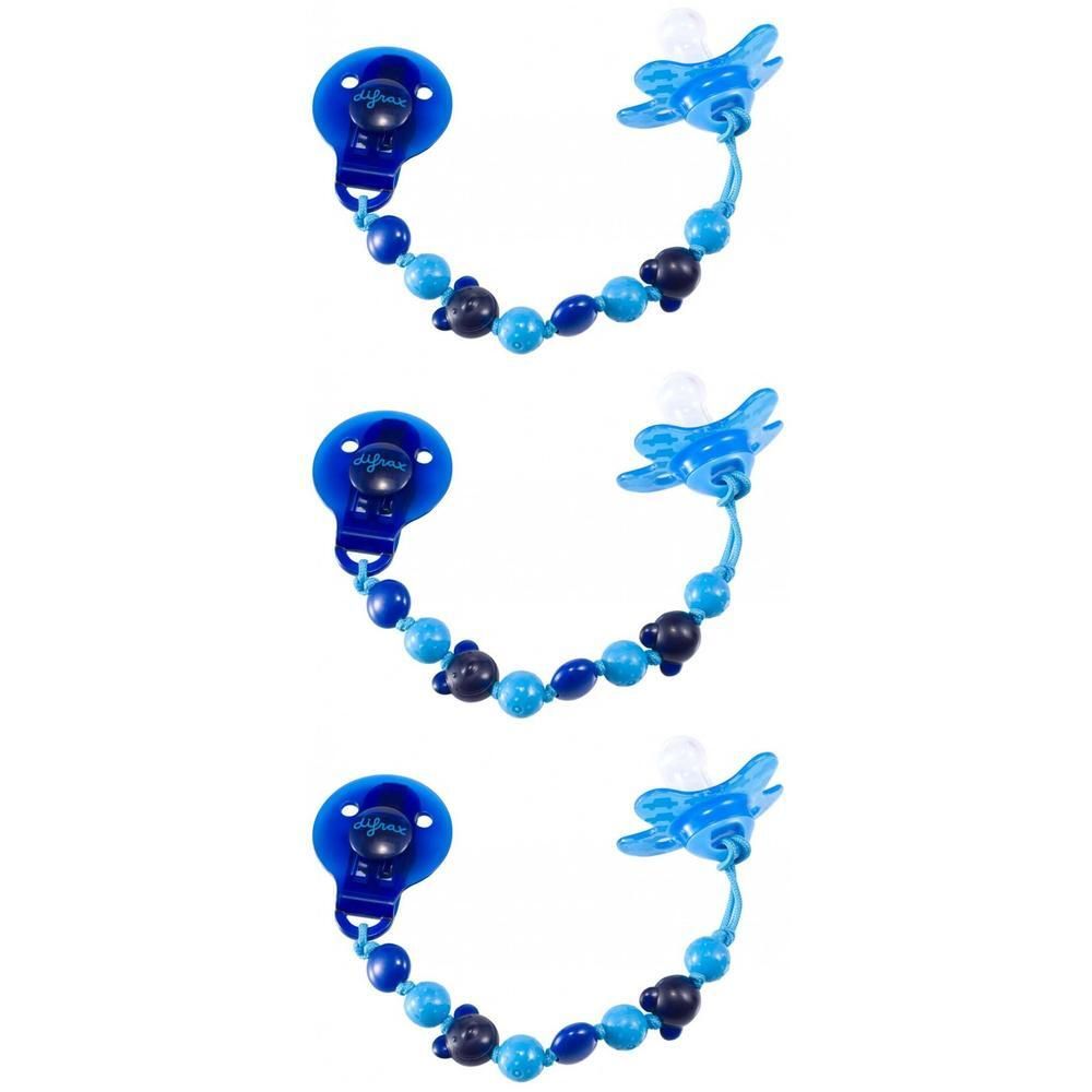 Trois attaches-sucette bleues avec clip, perles et pendentif avion.