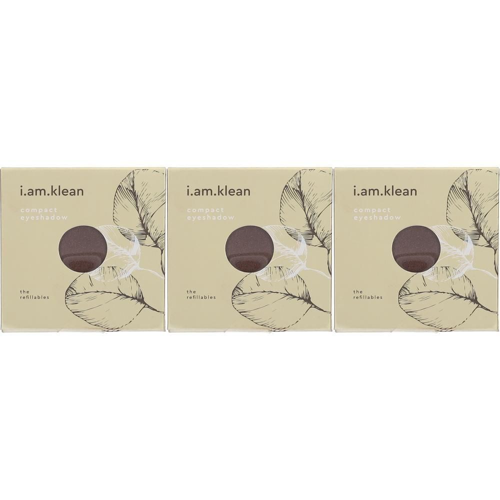 Drie i.am.klean Compact Mineral Eyeshadow refills in beige verpakking met bladerenprint.
