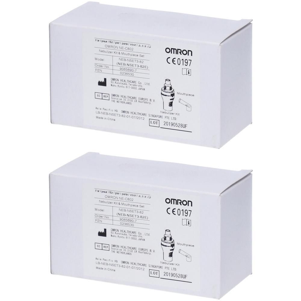 Twee Omron vernevelaar kit met mondstuk verpakkingen. CE0197 gecertificeerd.