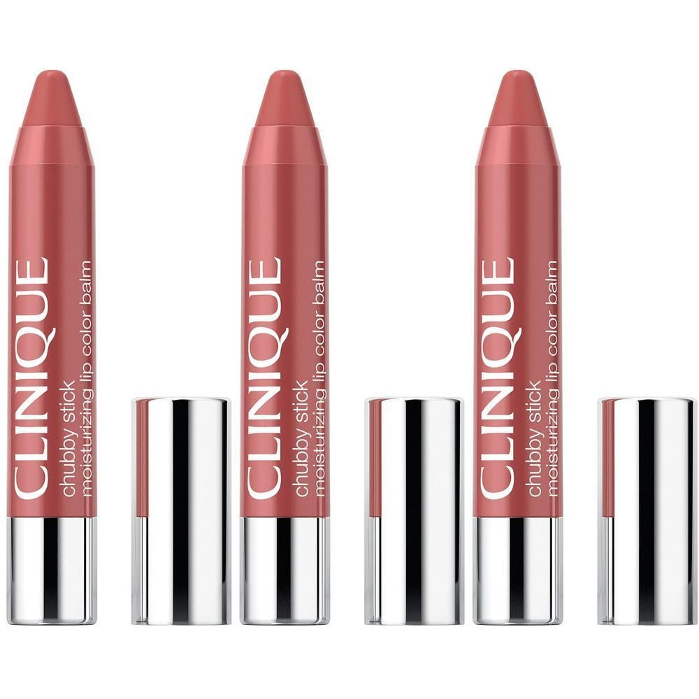Drie Clinique Chubby Sticks in roze tint met zilveren dopjes.
