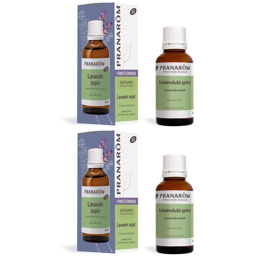 Deux flacons d'huile essentielle Pranarom Lavandula spica, 30ml, avec boîte.