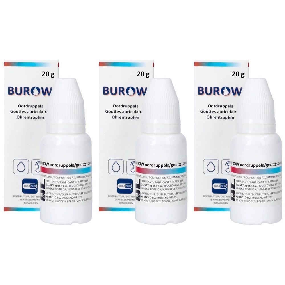 Trois flacons compte-gouttes (20g) de gouttes auriculaires BUROW et emballages avec informations produit multilingues.