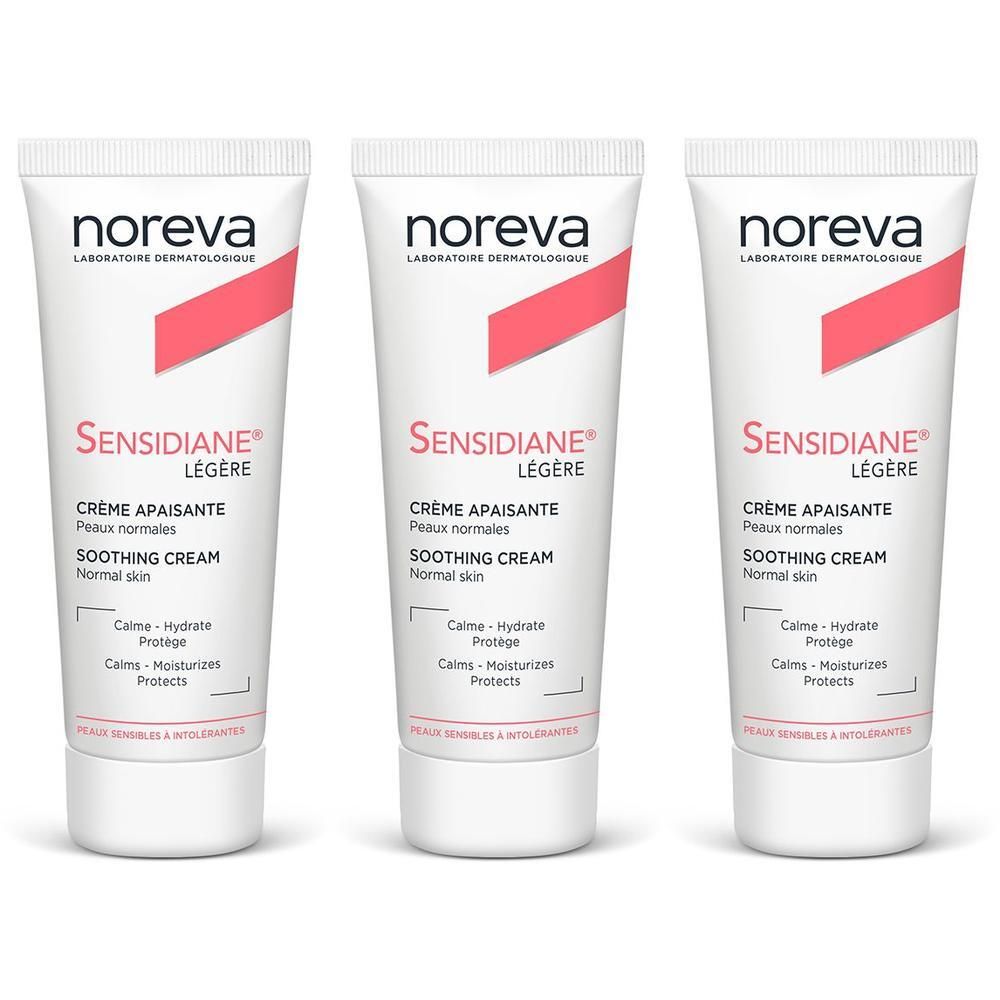 Trois tubes de crème apaisante légère Noreva Sensidiane pour peaux normales.
