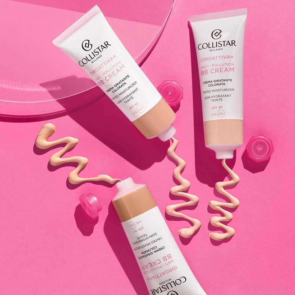 Trois tubes de BB Crème Anti-Pollution Collistar avec SPF 30, dont un ouvert.