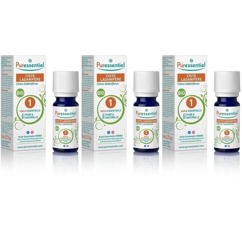 Puressentiel Ciste Ladanifère Bio etherische olie in donkere glazen flesjes met doos.
