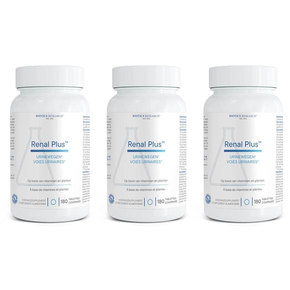 Drie witte potjes van Biotics Research Renal Plus voor urinewegen.