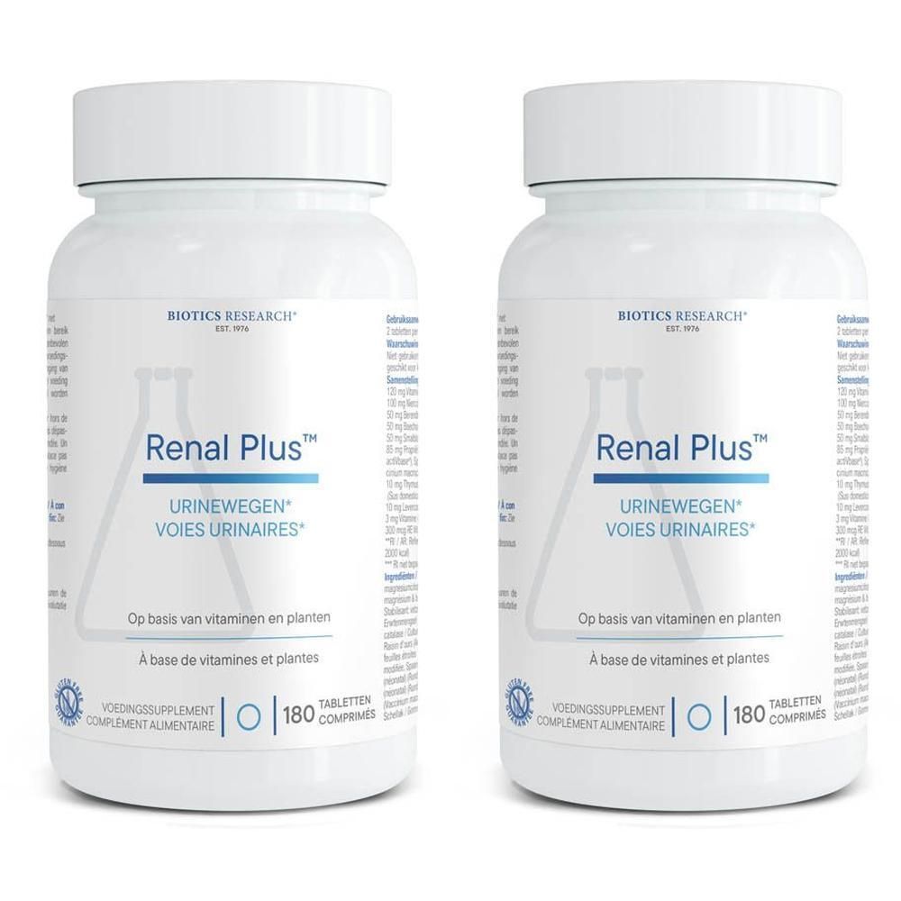 Twee flessen Biotics Research Renal Plus voor urinewegen, 180 tabletten per fles.