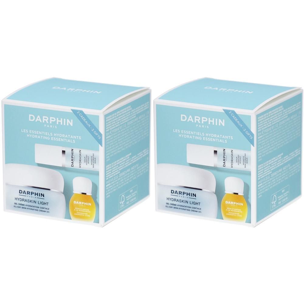 Deux coffrets cadeaux Darphin Hydrating Essentials, chacun contenant une crème et un sérum.