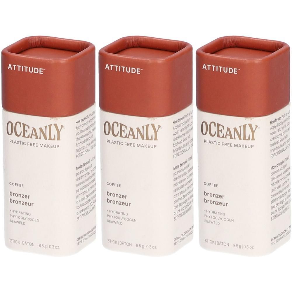 Drie Attitude Oceanly bronzers in koffiekleur, plasticvrije make-up sticks.