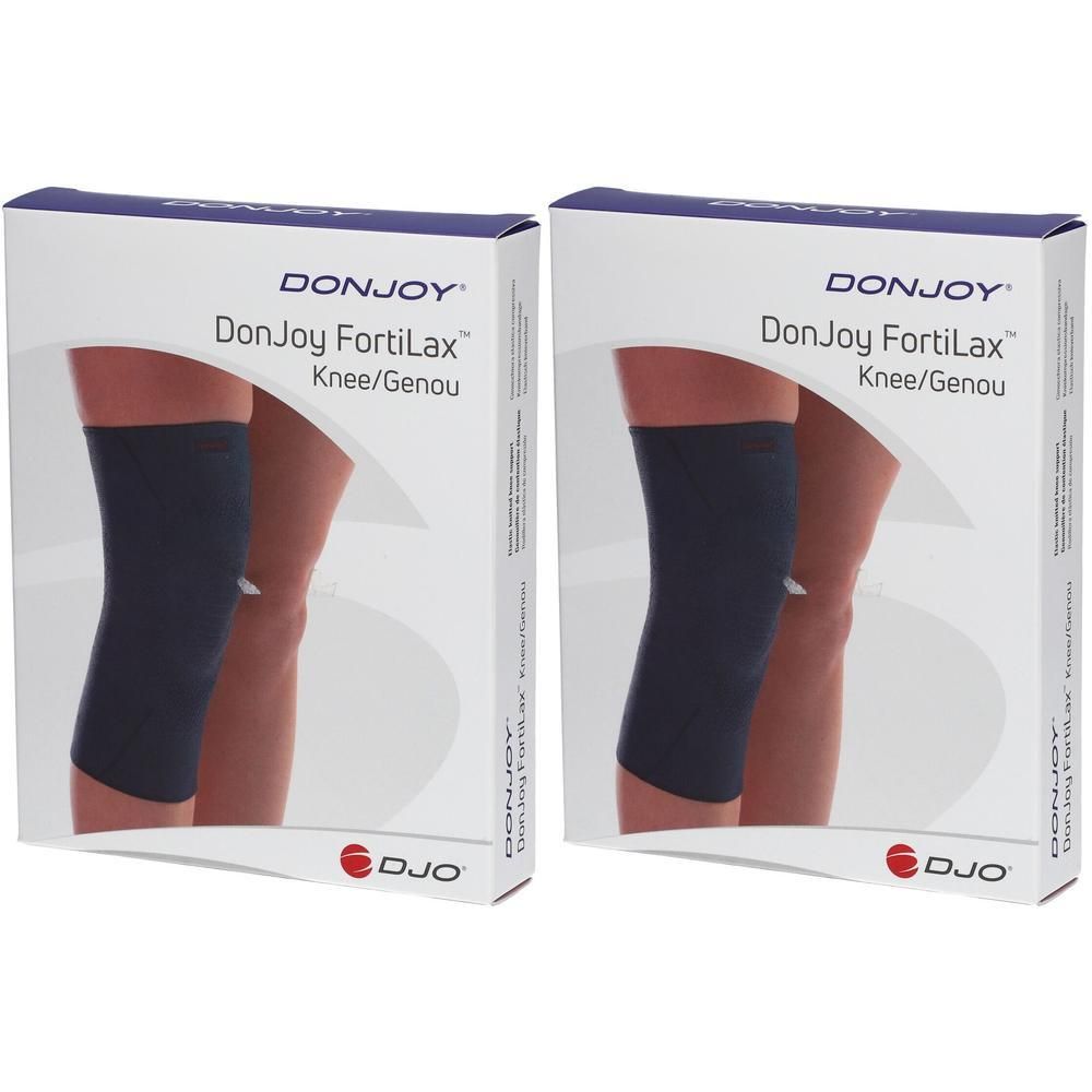 Twee verpakkingen DonJoy FortiLax kniebrace. Donkerblauw, met DJO logo.