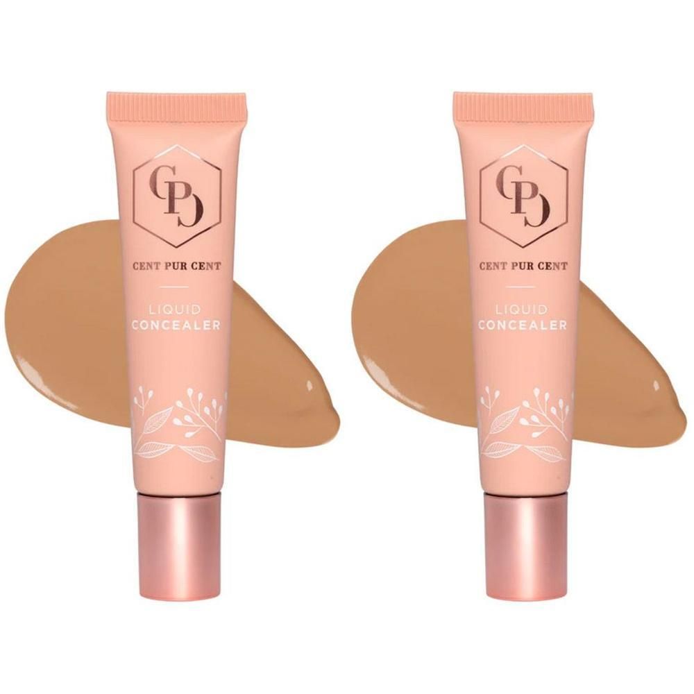 Deux tubes de Correcteur Liquide Cent Pur Cent avec un échantillon de liquide brun clair.