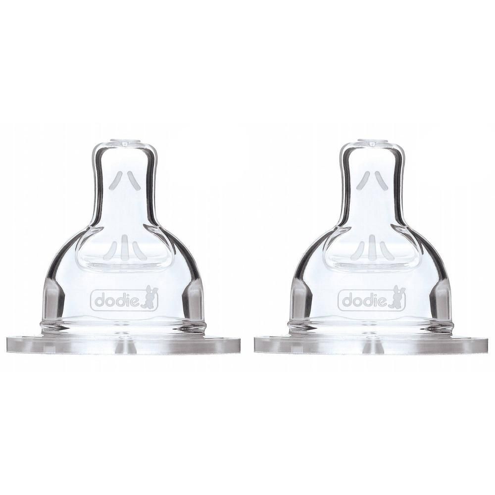 Deux tétines transparentes avec le logo Dodie.