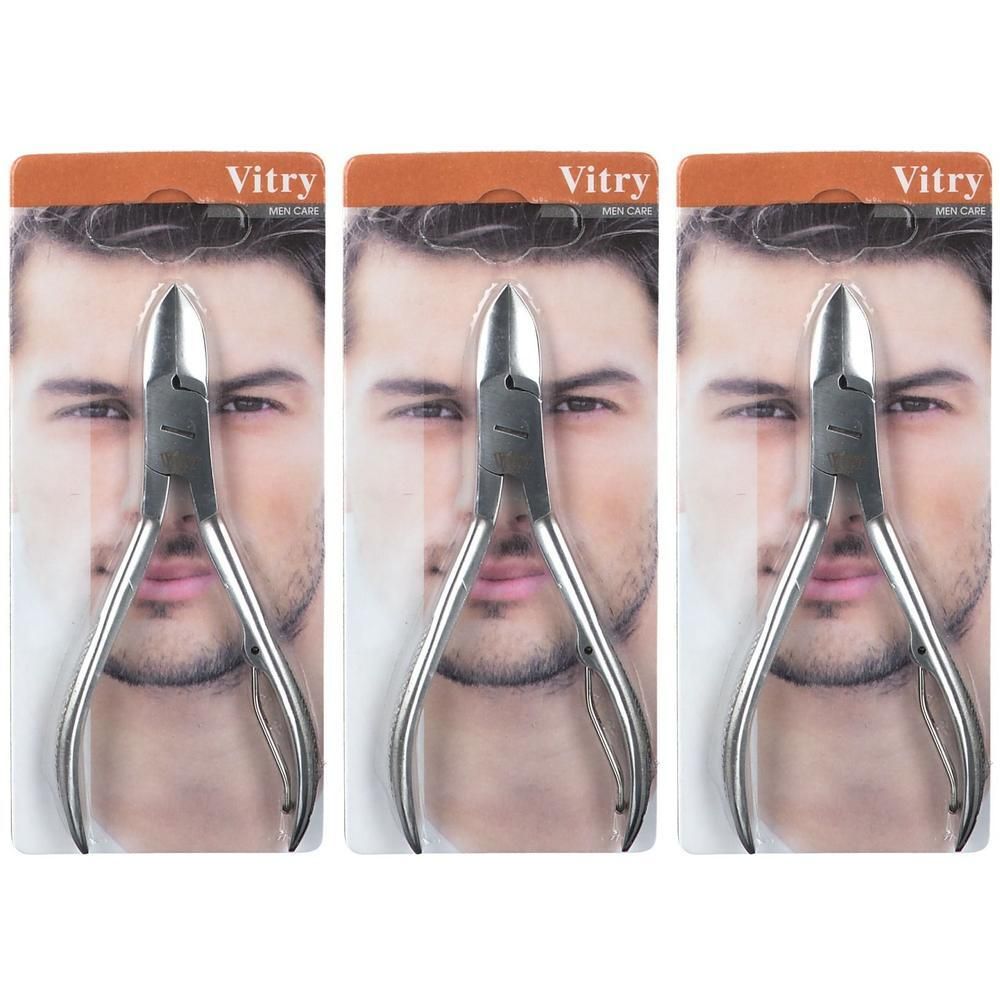 Pince à ongles Vitry en acier inoxydable, 12 cm. Emballage blister avec portrait masculin.