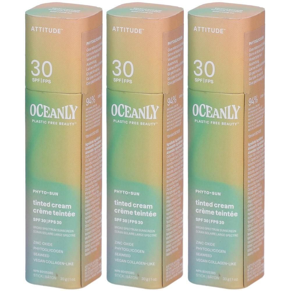 Trois tubes d'ATTITUDE Oceanly crème teintée hydratante SPF 30 dans des emballages en carton.